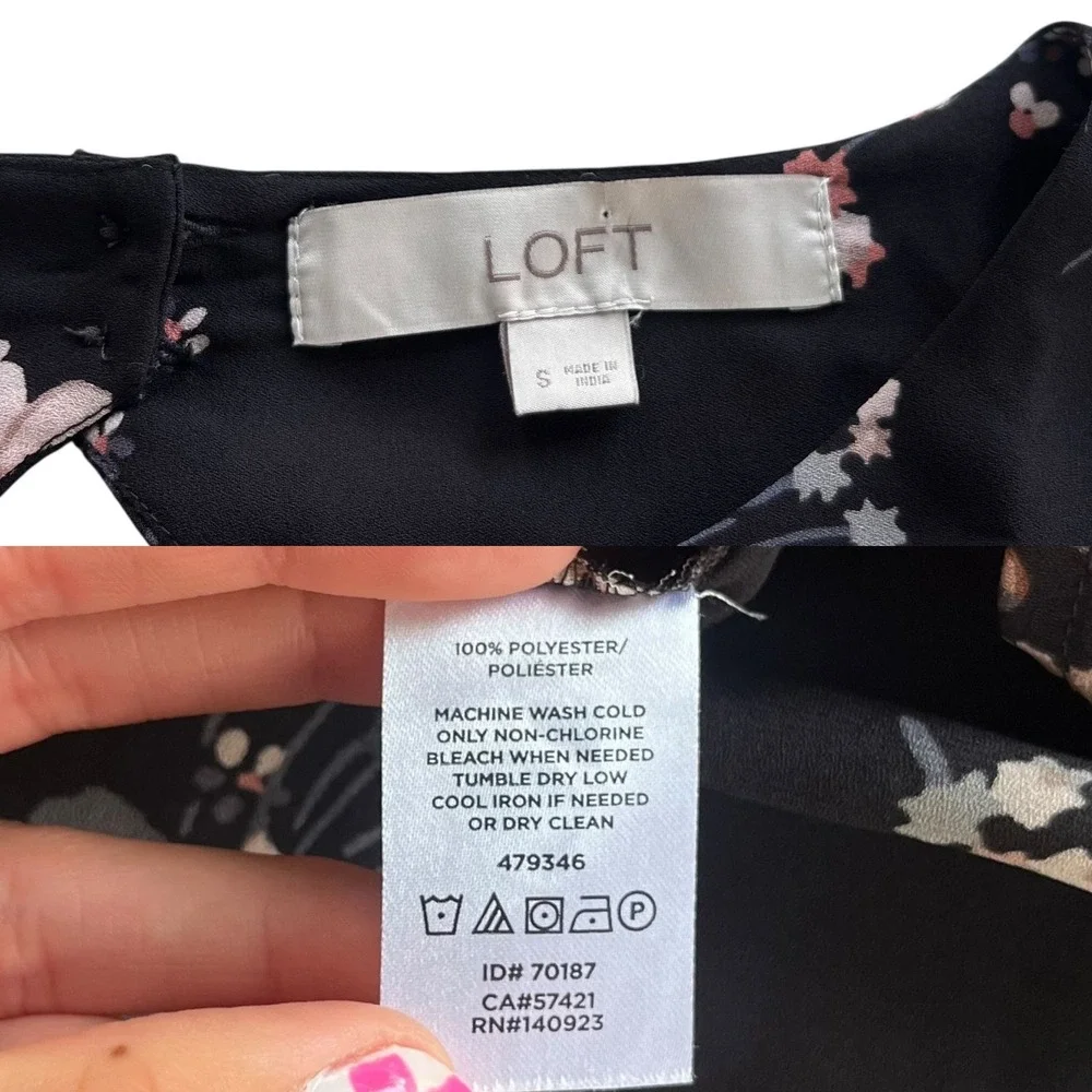 LOFT Women's S Black Pink Floral Bouquet Long Sleeve Cutout Casual Career Blouse